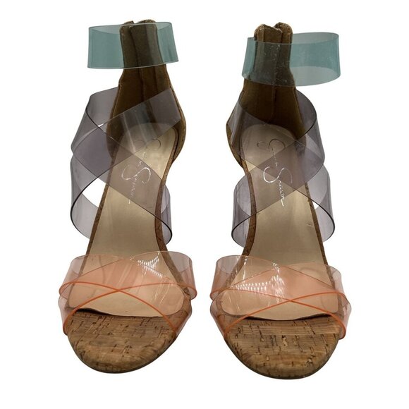 Jessica Simpson 8M Cork Clear Strap Heels Multicolor Stiletto Sandals Cocktail - Picture 3 of 14